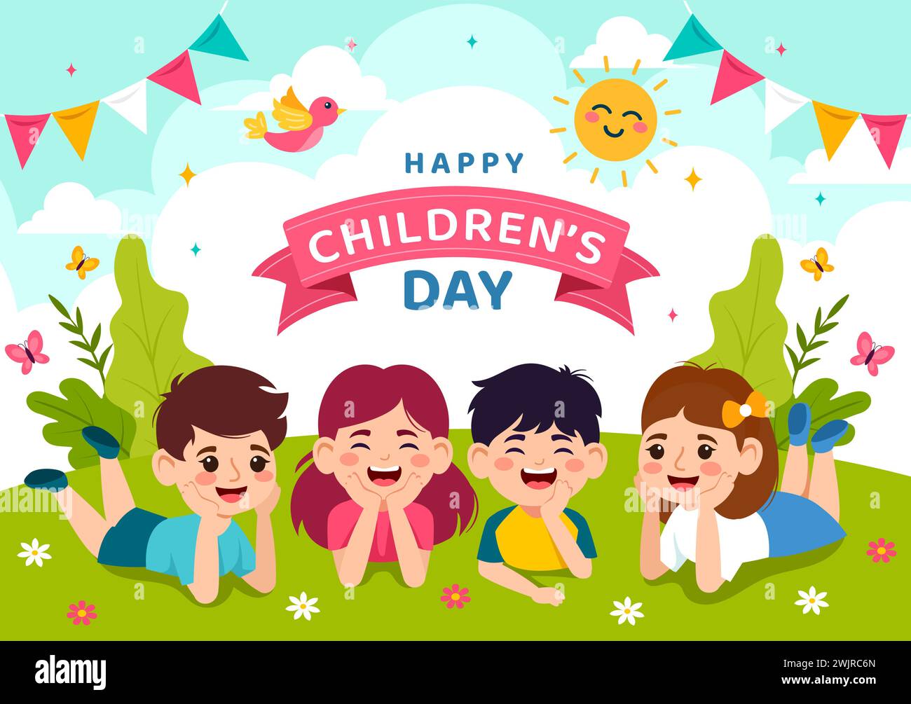 Illustration vectorielle de la journée des enfants heureuse avec Kids Together in Children Celebration Cartoon Bright Sky Blue fond et Green Field Design Illustration de Vecteur