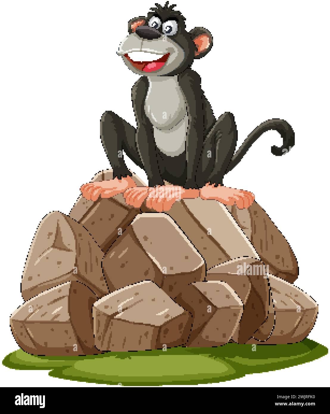 Un singe heureux assis au sommet d'un tas de rochers. Illustration de Vecteur