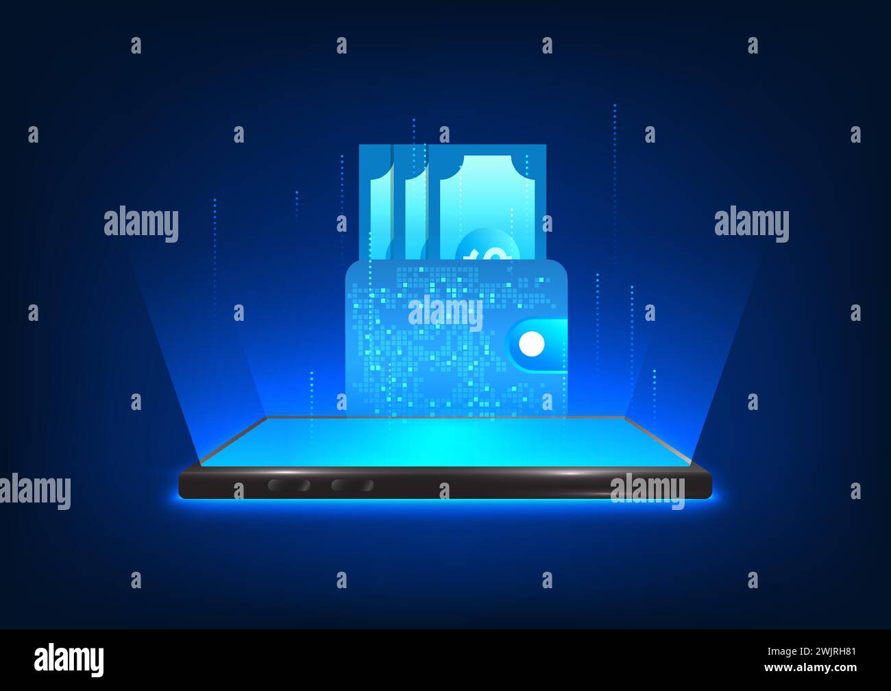 Technologie smartphone qui projette une image holographique de votre portefeuille concept d'utilisation du portefeuille sous forme de portefeuille électronique via un téléphone mobile. À la fois paiement des marchandises, Illustration de Vecteur