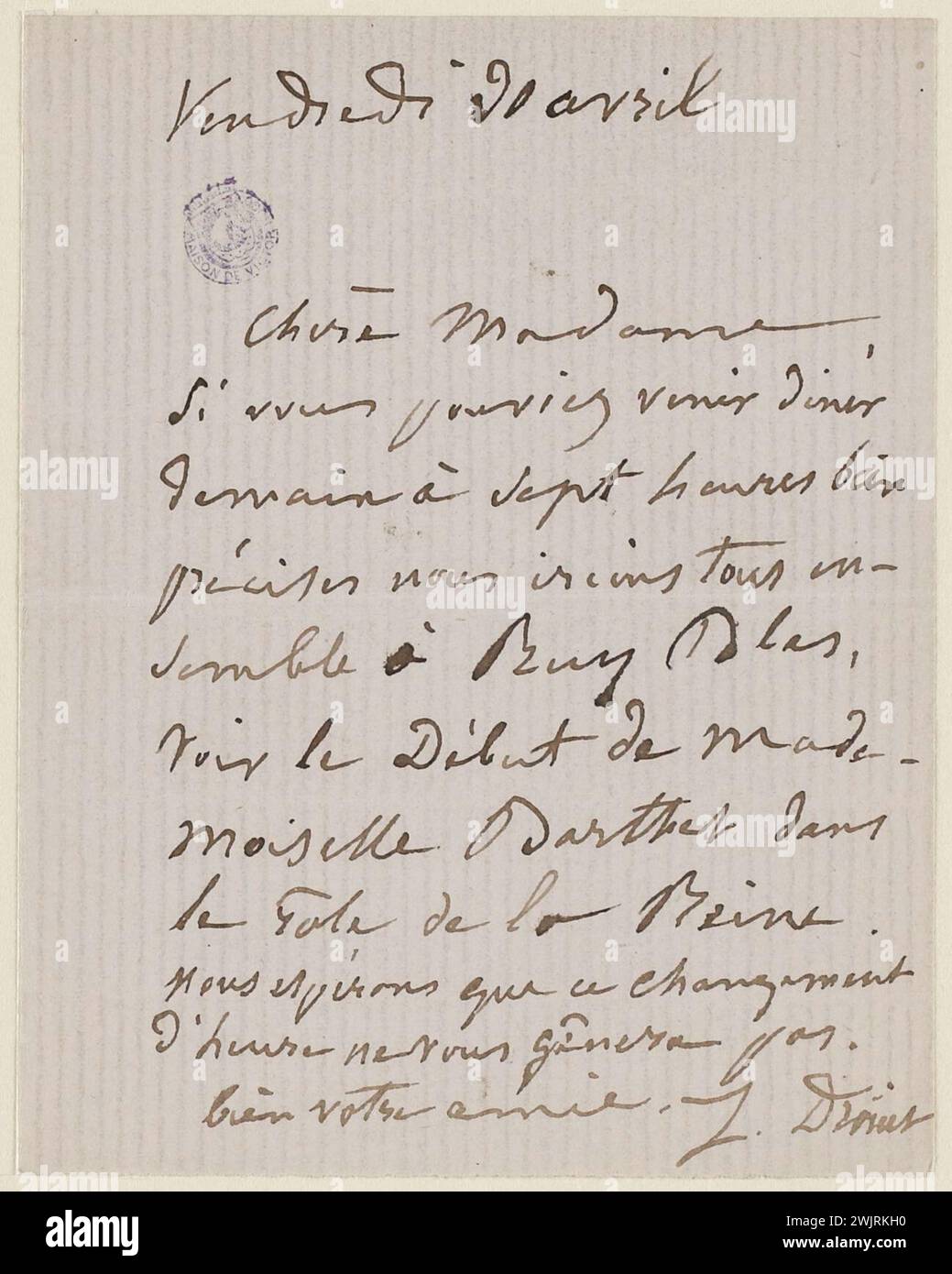 Juliette Drouet à MRS Renan ; 30 avril 1880 ; maison Victor Hugo - Paris Autograph Letter Banque D'Images