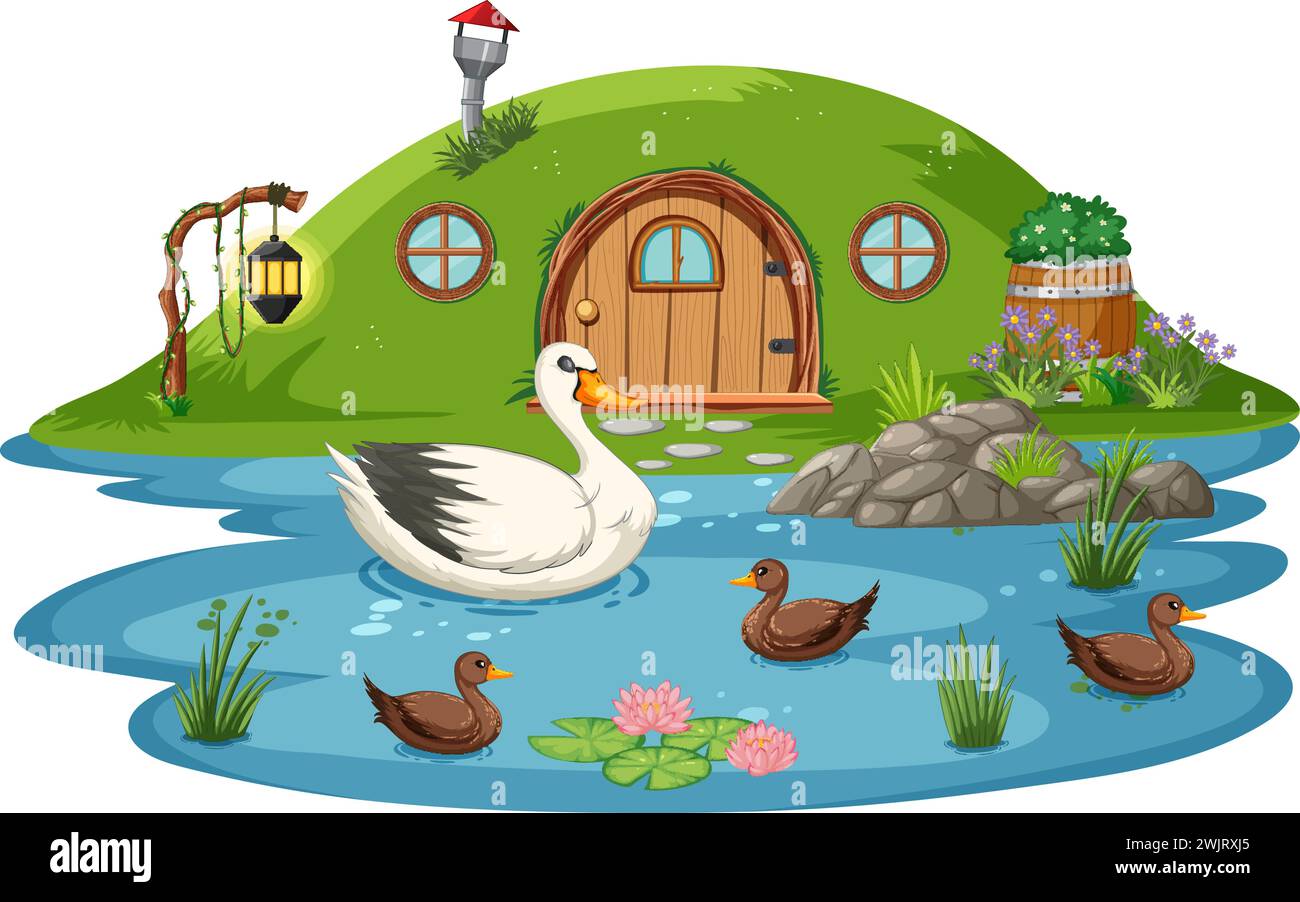 Scène d'étang fantaisiste avec des canards et une maison à flanc de colline Illustration de Vecteur