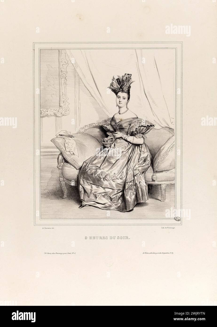 Achille Devéria et Antoine Adolphe Catherine Fonrouge. Les heures de la journée : 9 heures du soir. Lithographie sur papier. Paris, musée Carnavalet. 77637-17 assis, banc, boire, canapé, dessin, femme, jour, intérieur, jour, lithographie, salon, tasse, vie quotidienne, chapeau, robe, le Banque D'Images