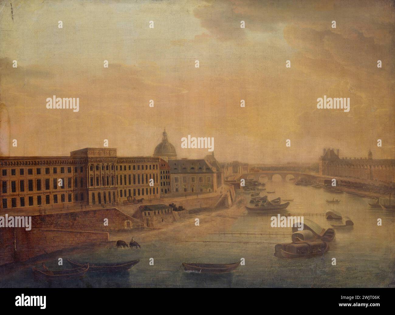 La monnaie, le Collège des quatre Nations, le Pont Royal et le Louvre vus de Pont-neuf, vers 1800'. Paris, musée Carnavalet. 27092-6 arrondissement i ier 1er 1er 1, College, Hotel des curls, louvre, monnaie, navigation fluviale, peniche, pont royal, palais, quai, quatre-vingts, senne, pont Banque D'Images