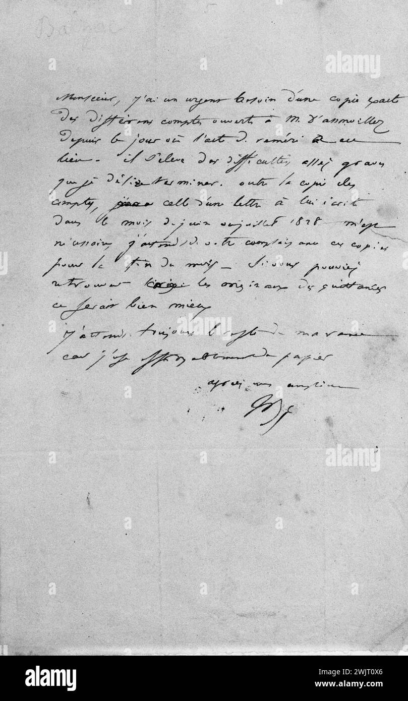 Lettre d'Honoré de Balzac à André Barbier. Paris, maison Balzac. 34227-12 Balzac honore de, Barbier André, correspondance, imprimeur, XIX ÈME SIÈCLE Banque D'Images