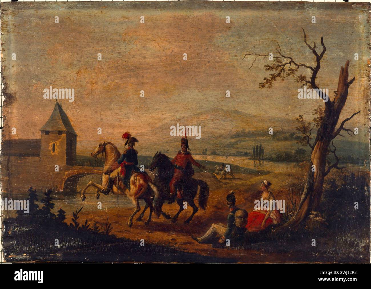 Michel Duplessis. Soldats dans un paysage. Huile sur bois. 1751-1800. Paris, musée Carnavalet. 76084-18 cavalier, cheval, femme, bois sur bois, militaire, paysage Banque D'Images