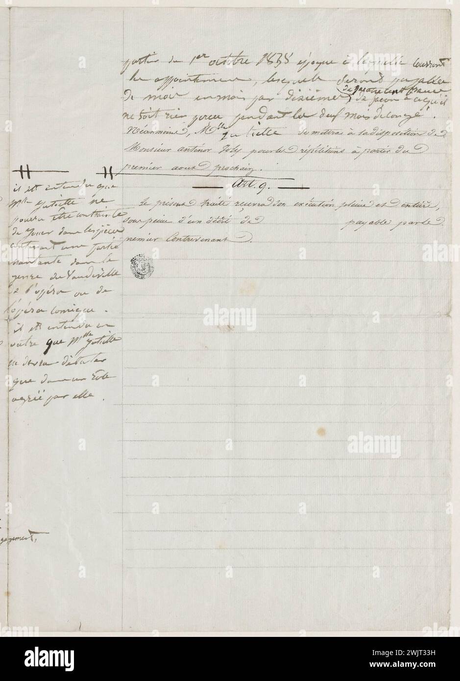 Juliette Drouet ; contrat avec le théâtre Ventadour [1838] ; maison Victor Hugo - CONTRAT Paris Banque D'Images