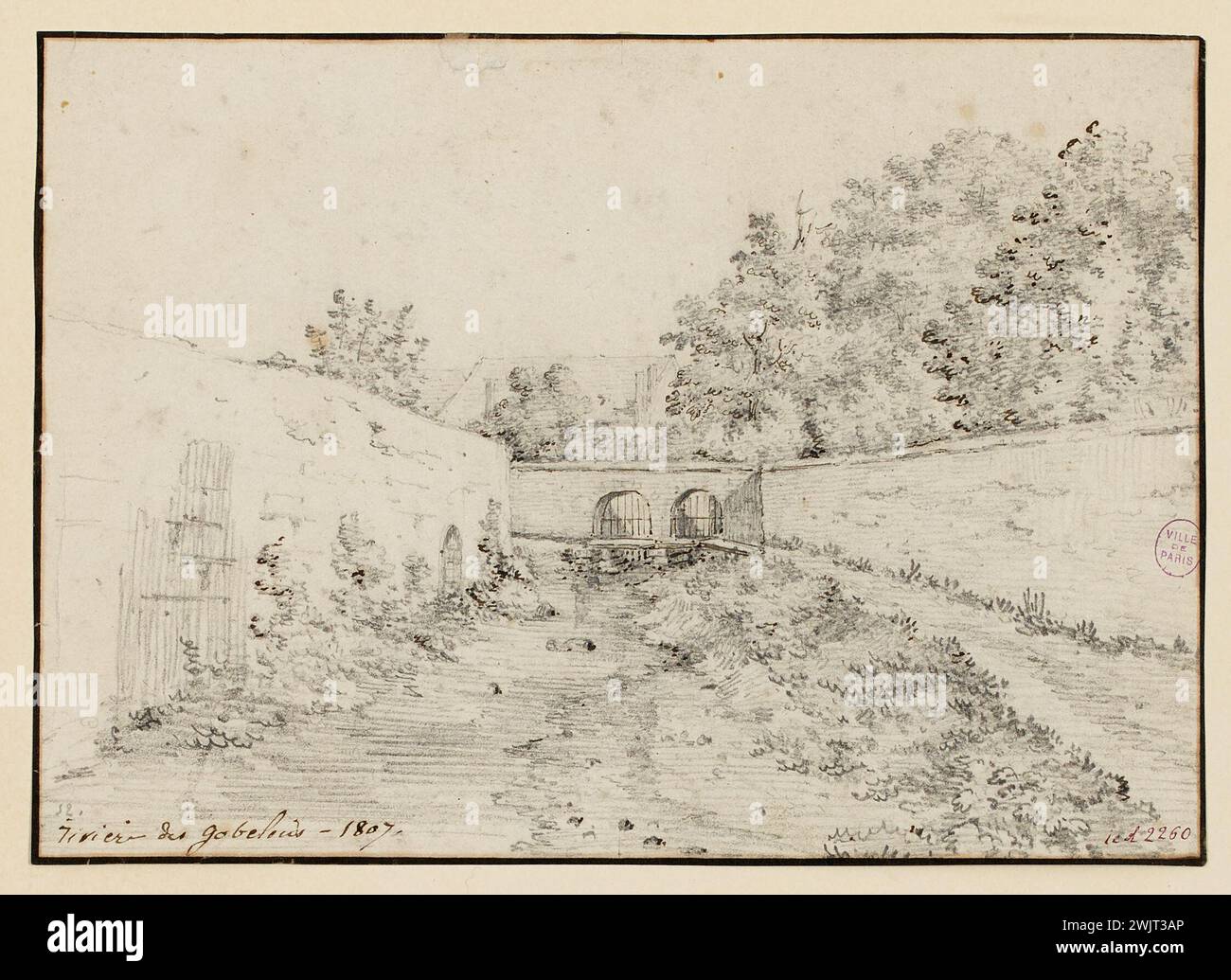 Ransonnette, Pierre Nicolas (N.1745-03-09-D.1810-12-18), la Bièvre aux Gobelins, 1807 (titre factice). Plume et crayon. Musée Carnavalet, histoire de Paris. La Bièvre aux Gobelins, 1807. Banque D'Images