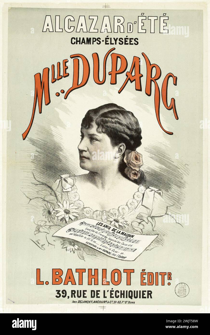 Edward Ancourt (1850-1921) Affiche publicitaire pour le café-concert de Melle Duparc à l'Alcazar d'été sur les champs-Elysées. Paris (VIIIème arr.). Lithographie en couleurs. 1880-1900. Paris, musée Carnavalet. Alcazar, alcazar d'ete, affiche, concert café, champs-elyse, chanteuse, femme, lithographie couleur, portrait, 19ème 19ème 19ème 19ème 19ème xixe siècle Banque D'Images