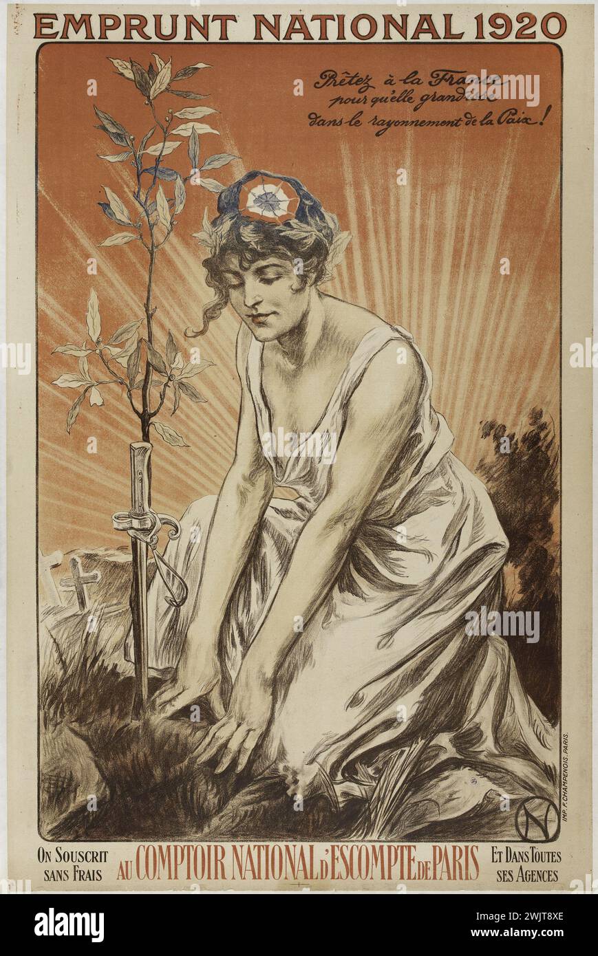 N. 'emprunt national 1920, prêter à la France pour qu'elle croisse dans l'influence de la paix! Nous souscrivons gratuitement au Discomprop National de Paris et dans toutes ses agences. Lithographie en couleurs. 1920. Paris, musée Carnavalet. 74199-3 Allegorie, arbuste, affiche, Cocade, comptoir national de réduction, prêt national, français, lithographie couleur, paix, prêt, prêt, abonnez-vous, abonnez-vous Banque D'Images