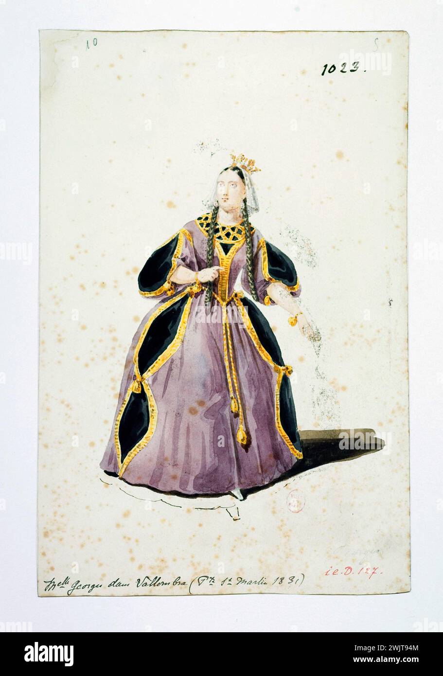 BODIN. 'Costume de Melle Georges, dans le rôle de Vallombra, dans les sept infans de Lara (porte Saint Martin)'. Aquarelle. Paris, musée Carnavalet. Actrice française, costume, porte Saint-Martin, aquarelle Banque D'Images