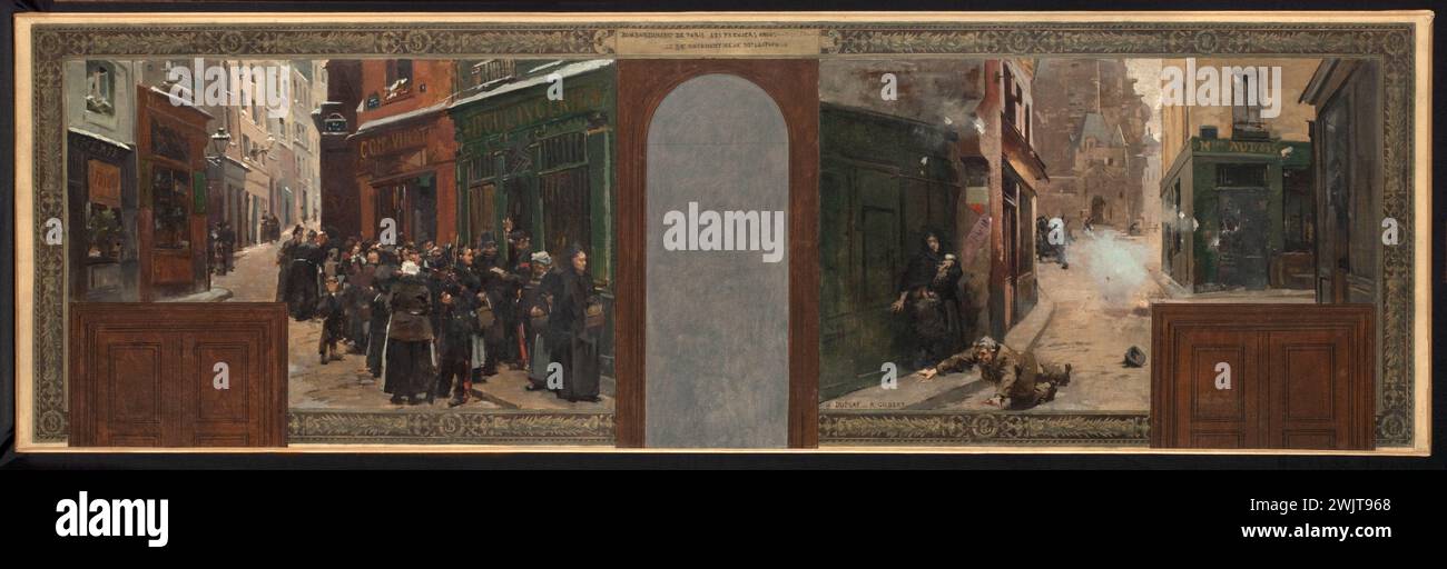 René Joseph Gilbert (1858-1914) Croquis pour le bureau du préfet à la mairie de Paris : le bombardement de la montagne de Saint-Geneviève. Le rationnement de la population. Huile sur toile. 1889. Musée des Beaux-Arts de la ville de Paris, petit Palais. Art figuratif, décor peint, croquis, mairie, mairie, marie de paris Banque D'Images