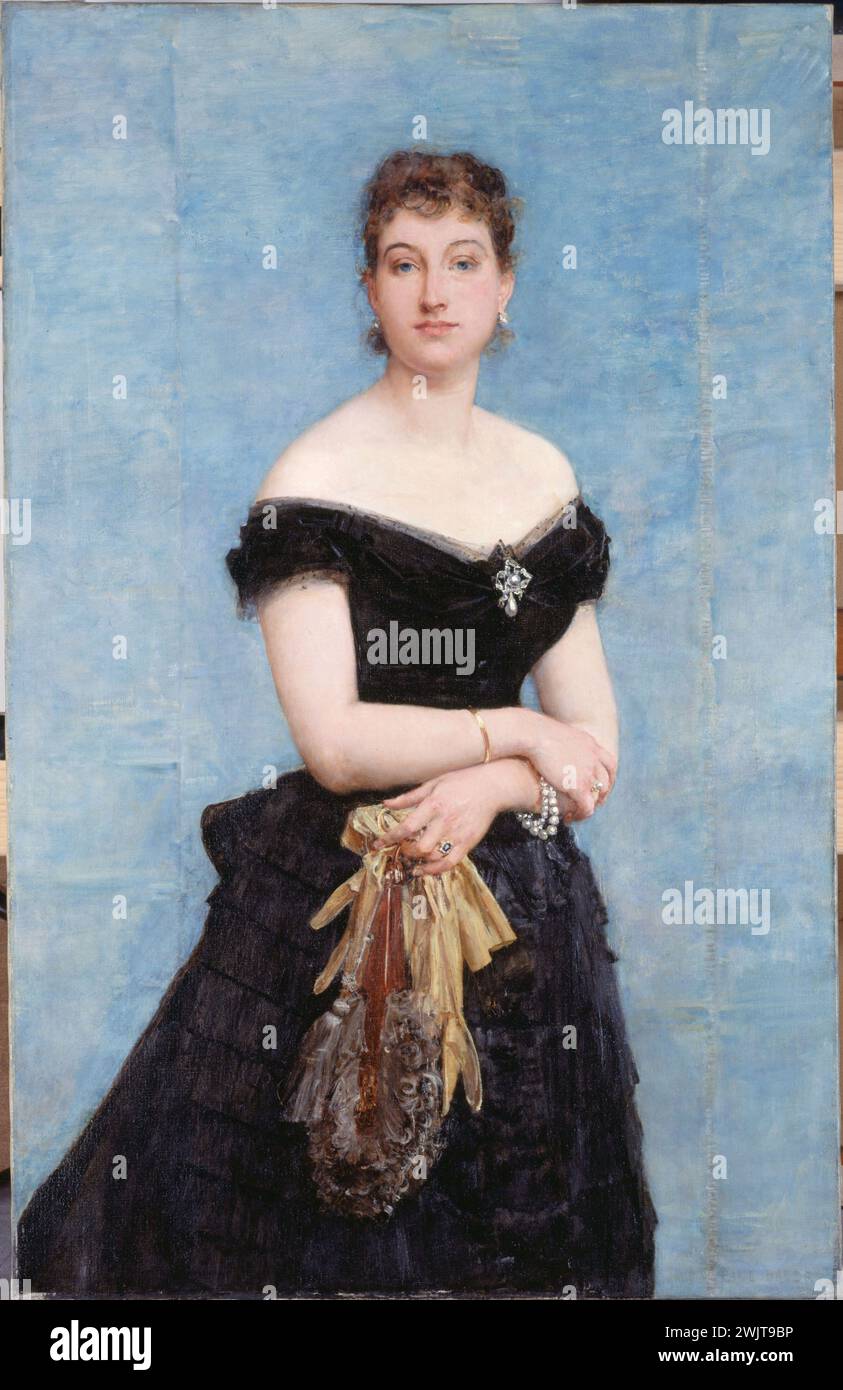 Paul Baudry (1828-1886) "Madame Louis Singer", 1884. Musée des Beaux-Arts de la ville de Paris, petit Palais. 25796-1 accessoire, bijou, bleu, bracelet perle, fuseau, œillet, couleur bleue, décolleté, élégant, femme, gant, naturalisme, peau, portrait, réalisme, robe noire, sac, 19ème XIXème 19ème 19ème 19ème 19ème 19ème 19 Banque D'Images
