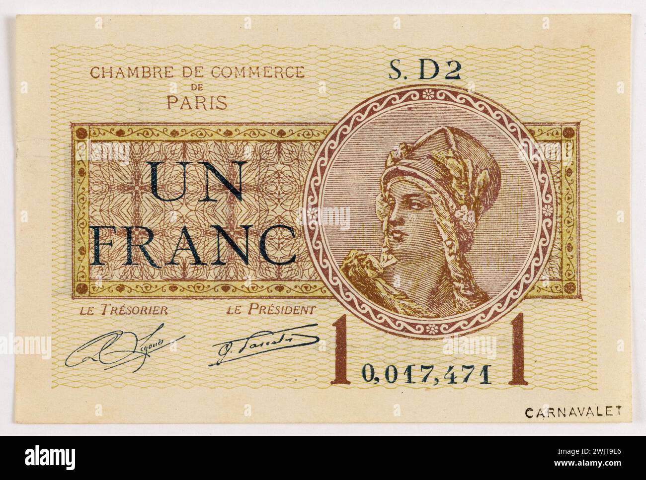 Anonyme. 1 billet franc de la Chambre de commerce de Paris, 1er type, S.D2, 0.017,471, 10 mars, 1920. typographie (tons ocres). Paris, musée Carnavalet. Années vingt 1920 20, argent, assignation, billet de chambre, bon au porteur, bon d'argent, échange monétaire, monnaie fiduciaire, 20ème XX 20ème 20ème 20ème siècle Banque D'Images