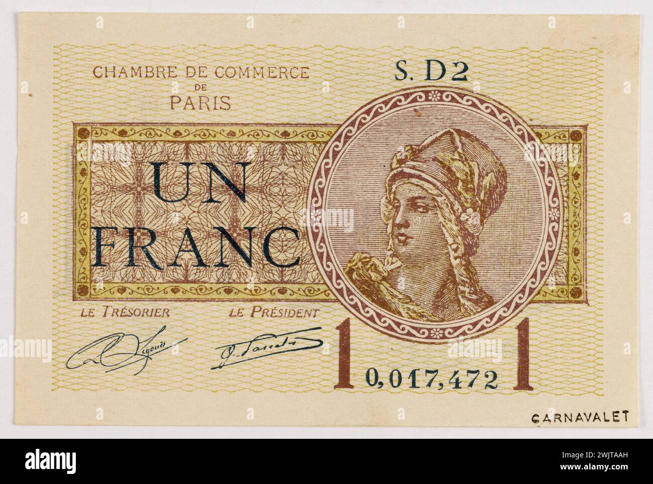 Anonyme. 1 billet franc de la Chambre de commerce de Paris, 1er type, 2.D2, 0017472, 10 mars, 1920. typographie (ocres). Paris, musée Carnavalet. Années vingt 1920 20, argent, assignation, billet de chambre, bon au porteur, bon d'argent, échange monétaire, monnaie fiduciaire, 20ème XX 20ème 20ème 20ème siècle Banque D'Images