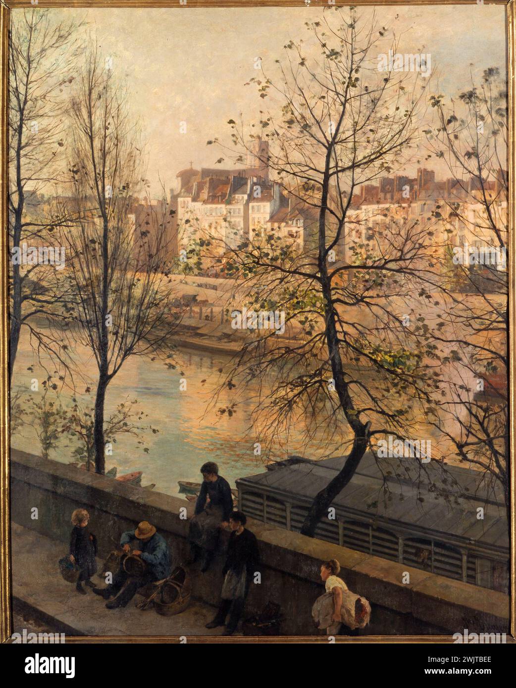 Jean-Baptiste Jules Trayer (1824-1908) 'La Seine, au Quai Bourbon'. Huile sur bois. 1887. Paris, musée Carnavalet. 76097-24 arbre, enfant, Seine, garçon, bois sur bois, bâtiment, peniche, petit travail, quai, quai bourbon Banque D'Images