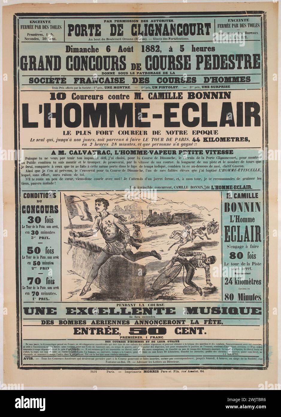 Adrien Mary. 'Porte de Clignancourt, grande compétition piétonne, l'homme léger'. Lithographie/typographie, -1882. Paris, musée Carnavalet. 50815-6 affiche publicitaire, athlète français, coureur à pied, course piétonne, grande compétition, man-eclair, lithographie, porte de clignancourt, publicité, typographie Banque D'Images