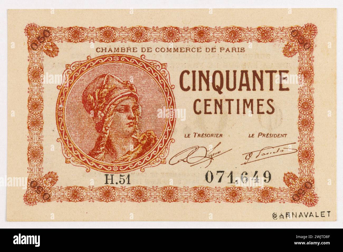 Anonyme. Billet à 50 cents de la Chambre de commerce de Paris, 1er type, H. 51, n°071,649, 10 mars, 1920. typographie (tons rouges). Paris, musée Carnavalet. Années vingt 1920 20, argent, assignation, billet de chambre, bon au porteur, bon d'argent, échange monétaire, monnaie fiduciaire, 20ème XX 20ème 20ème 20ème siècle Banque D'Images