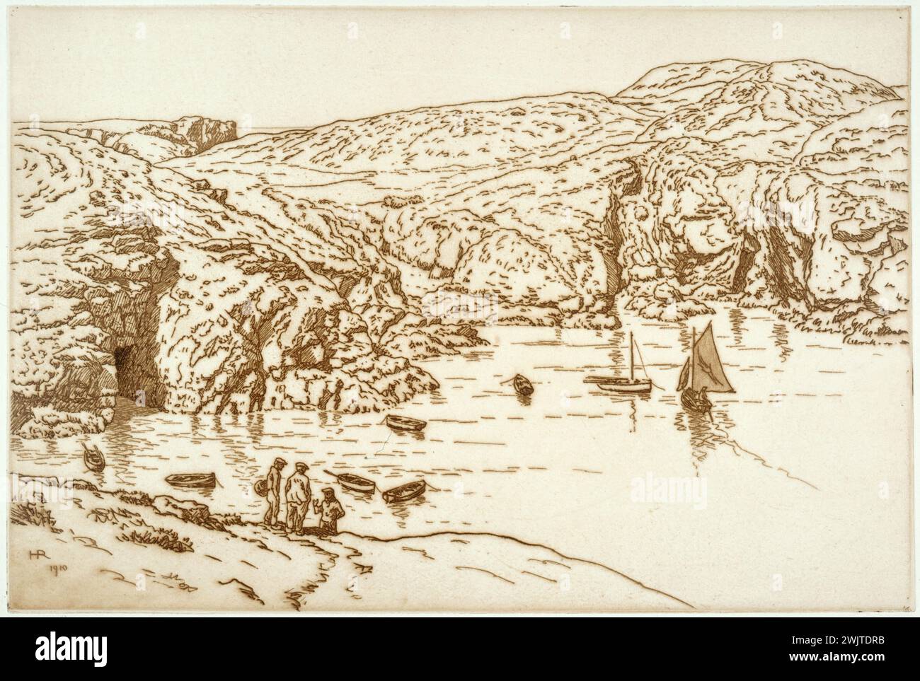 Henri rivière (1864-1951) « Pêcheurs dans une baie ». Mangez, 1910. Musée des Beaux-Arts de la ville de Paris, petit Palais. 24403-6 Baie, bateau, gravure, falaise, littoral, mer, pêche, pêche, perle Banque D'Images