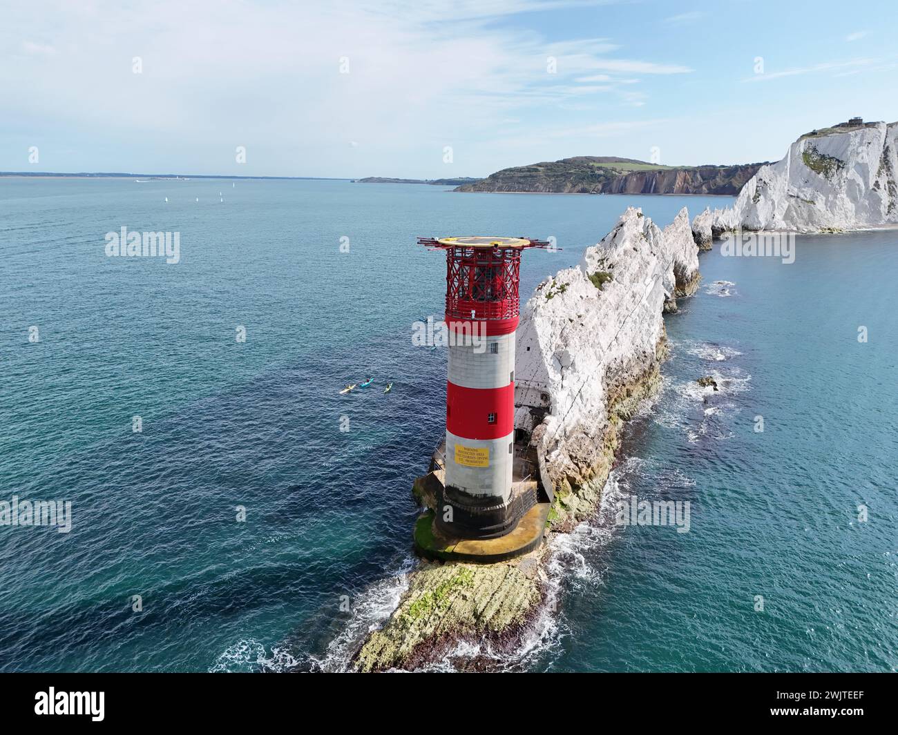 Le phare de Needles île de Wight closeup drone , aérien , vue d'air Banque D'Images
