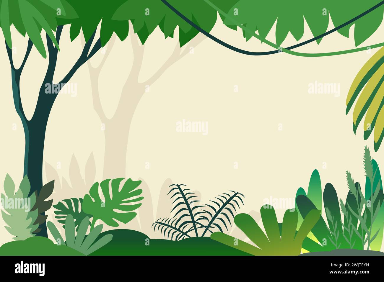 Fond de paysage de forêt et de jungle. Illustration de dessin animé avec un design plat. Illustration de Vecteur