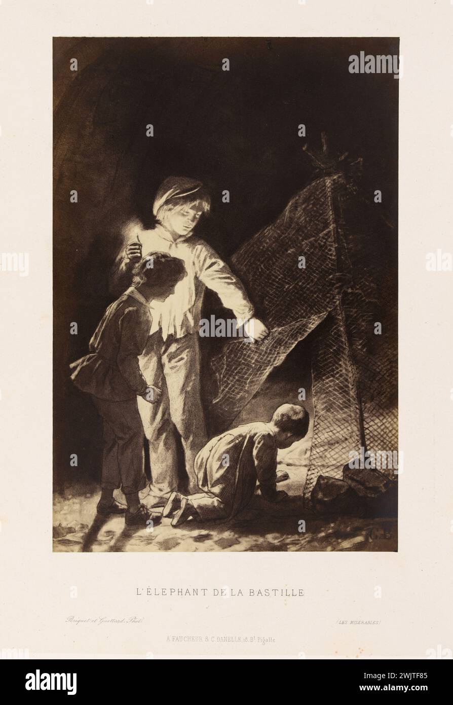 Gustave Brion. L'éléphant de la Bastille, illustration pour 'le misérable'. Photographie briquet/ Guettard, d'après un dessin de Brion, 1862. Paris, maison de Victor Hugo. 38140-2 dessin, Eléphant Bastille, enfant, Garçon, illustration de travail littéraire, passage, caractère roman Banque D'Images