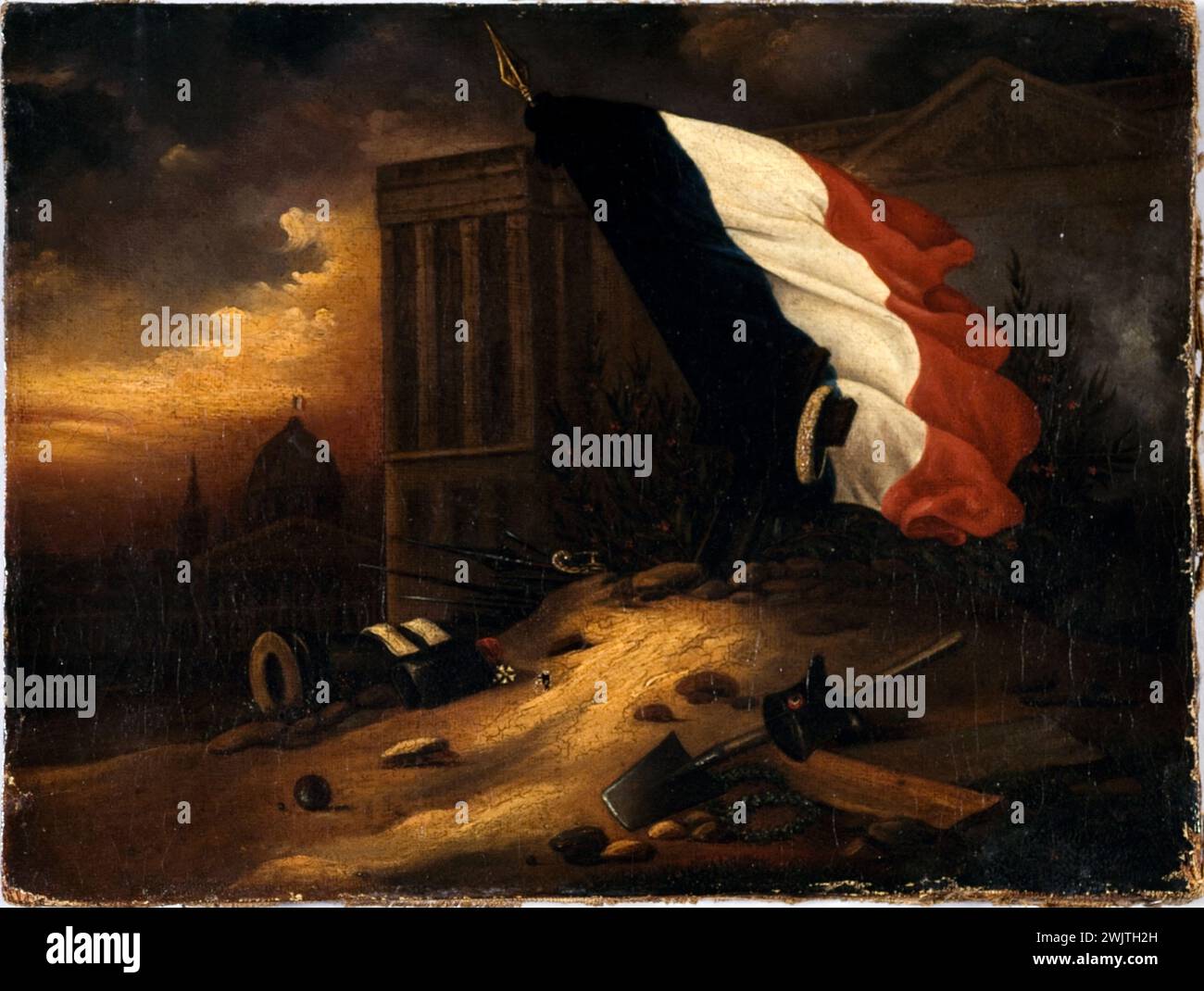Alexandre Barouillet (actif au début du XIXe siècle). « Le tombeau provisoire des victimes des jours de juillet 1830, devant la colonnade du Louvre ». Huile sur toile, 1830. Paris, musée Carnavalet. Colonnade Louvre, drapeau français, drapeau tricolore, jour juillet, mort, nuit, pelle, juillet 1830, tombeau provisoire, tombeau, victime, huile sur toile Banque D'Images