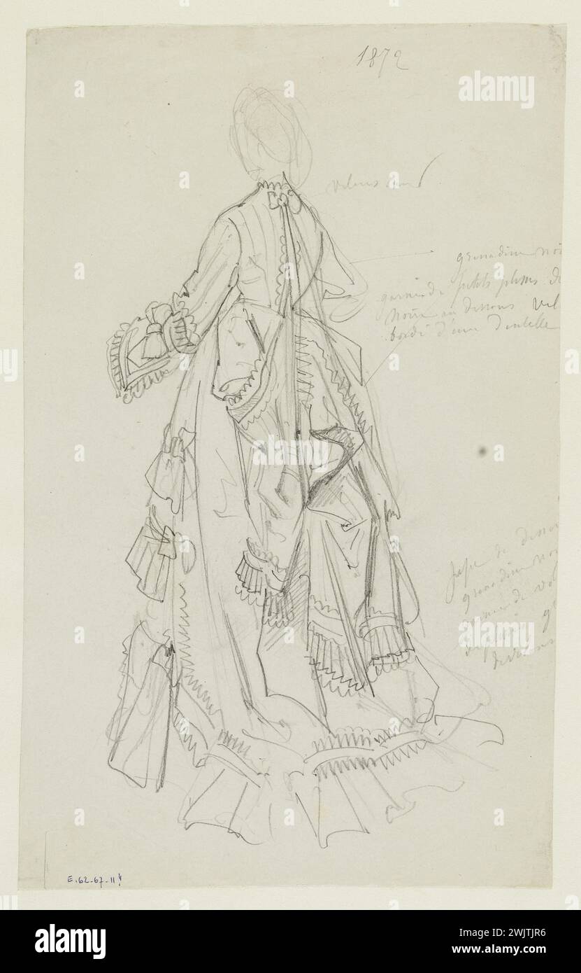 Anaïs Toudouze (1822-1899) 'Vue vestimentaire du dos'. Robe en velours noir et grenadine, garnie de petits côtés plissés et noeuds. Mine de plomb, livre blanc. 1872. Galliera, musée de la mode de la ville de Paris. 37824-17 dessin, dos, mine de plomb, nœud, crêpe, second empire, velours, robe Banque D'Images