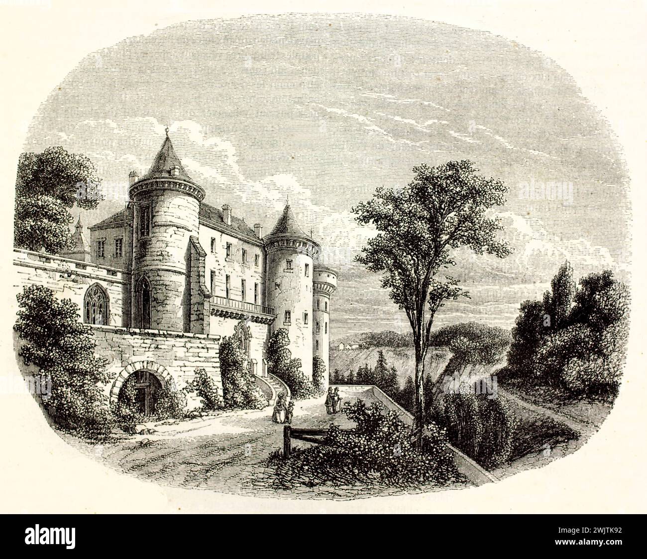 Château de Chastellux avec tours et paysage environnant, gravure horizontale en noir et blanc sur fond blanc de magasin pittoresque, 1852. Banque D'Images