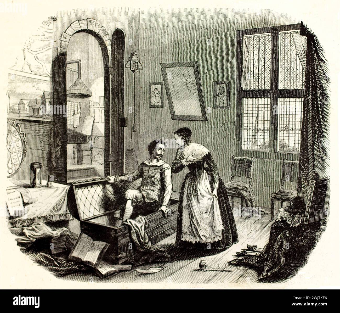 Évasion de Hugo Grotius caché dans un coffre à livre, scène domestique intérieure, gravure horizontale en noir et blanc sur fond blanc - 1852 Banque D'Images