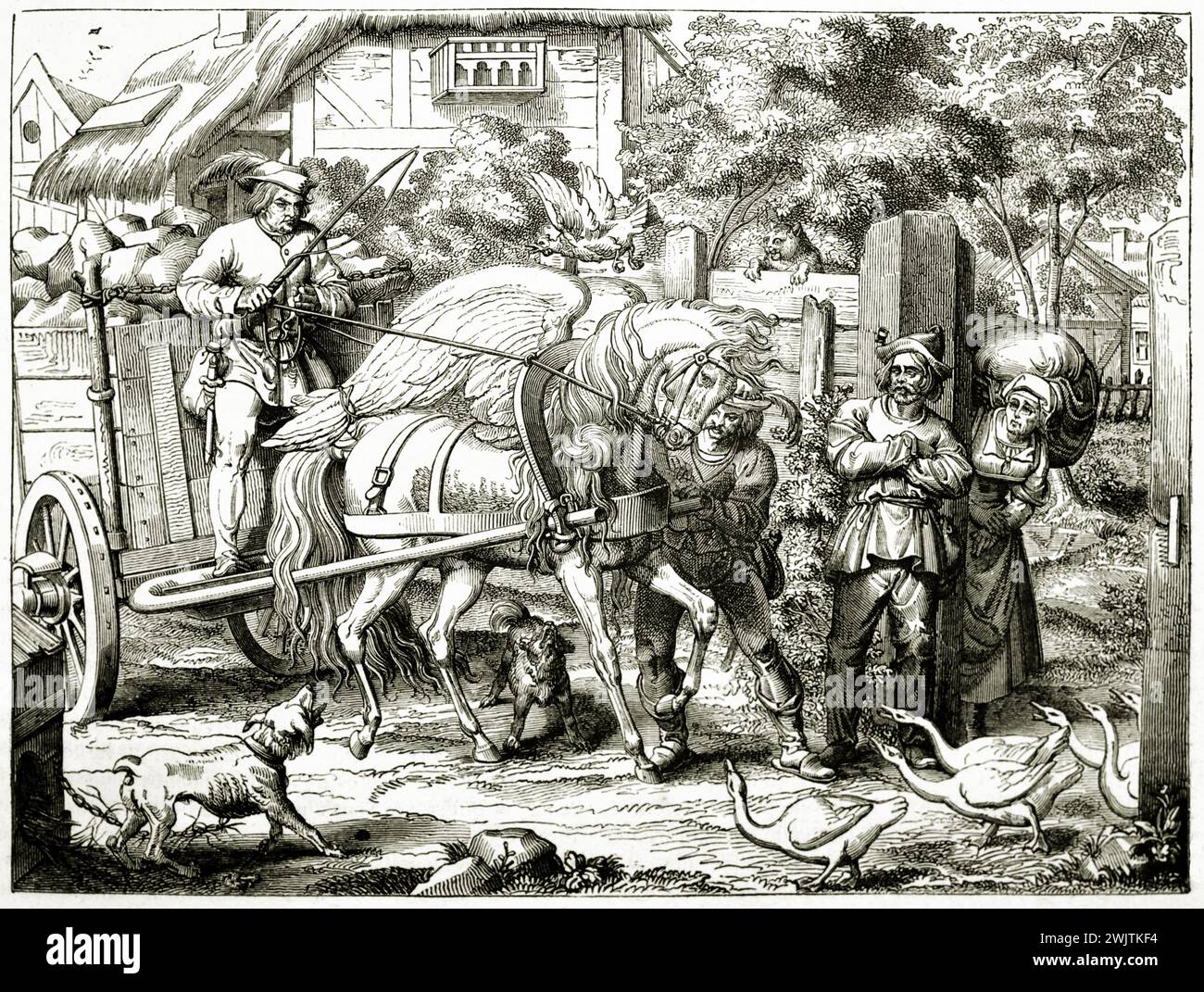 Pegasus, attaché à une charrette comme une bête de fardeau, figure dans cette gravure ironique de Magazin pittoresque, 1852, mêlant mythe et satire rustique. Banque D'Images