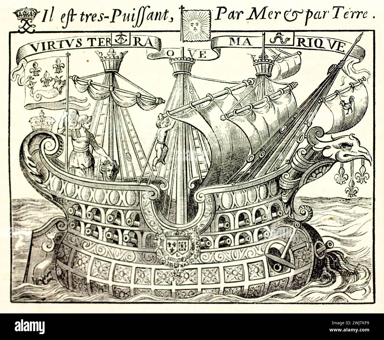 Navire allégorique symbolisant la puissance de la France par mer et par terre, gravure de Magazin pittoresque, 1852, riche en iconographie et motifs héraldiques. Banque D'Images
