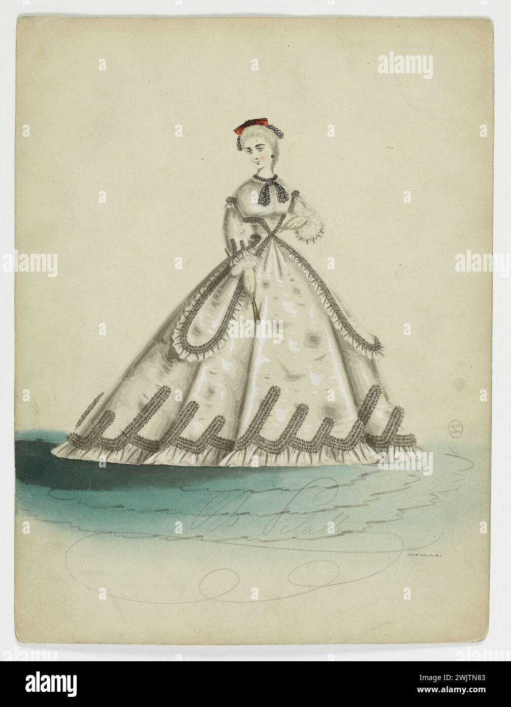 Charles Pilatte pour la maison Ghys. Modèle-figure pour couturière. Robe de ville blanche, décor gris sur le corsage, sur les côtés arrondis et la frise au bas de la jupe, modèle MADAME Ghys. Aquarelle sur carton. 1860-1870. Galliera, musée de la mode de la ville de Paris. 37832-11 aquarelle sur carton, blanc, corsage, décor gris, femelle, frise, jeune femme, ghys maison, modèle féminin, modèle féminin, poêle arrondie, pour couturière, robe de ville, second empire Banque D'Images
