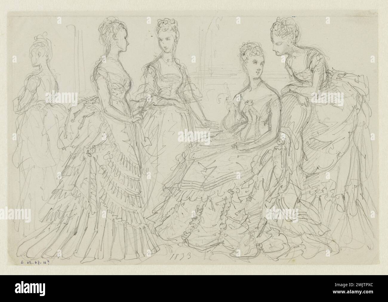 Anaïs Toudouze (1822-1899) « Femmes en tenue de balle ». A gauche, robe pouf, garnie de volants plissés, jupe à grands côtés. Mine de plomb, livre blanc. 1873. Galliera, musée de la mode de la ville de Paris. 37825-1 dessin, femme, Groupe, Grande jupe de pan, mine de plomb, robe pouf, second Empire, soirée, tenue de bal, Fly Fly Banque D'Images