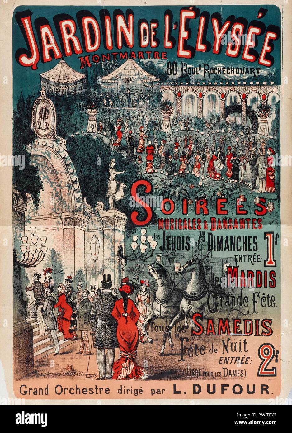 Charles Lévy. Jardin de l'Elysée-Montmartre, soirées musicales & dansantes. Affiche. Lithographie en couleurs. Paris, musée Carnavalet. 80 boulevard Rochechouard, arrondissement, affiche, danse, elysée-montmartre, nuit, jardin, lithographie couleur, publicité, publicité, soirées musicales, 18ème 18ème 18ème 18ème Banque D'Images