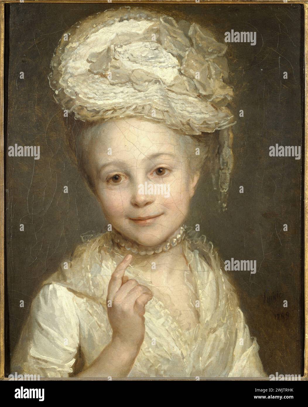 Nicolas-Bernard Lepicié (1735-1784) Emilie Vernet. Huile sur toile, 1769. Musée des Beaux-Arts de la ville de Paris, petit Palais. 26975-20 collier de perles, jeune femme, peintre français, portrait, soeur, sourire, chapeau, huile sur toile Banque D'Images