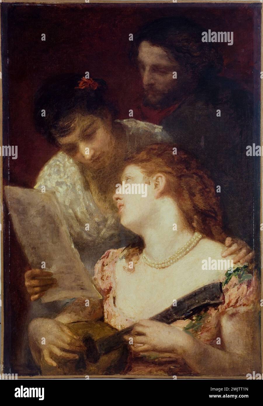 Mary Cassatt (1844-1926) « Partie de la musique » ou « musique », 1874. Musée des Beaux-Arts de la ville de Paris, petit Palais. Collier de perles, decollette, femme, homme, jouer, mandoline, partie de la musique, partition, rouge Banque D'Images