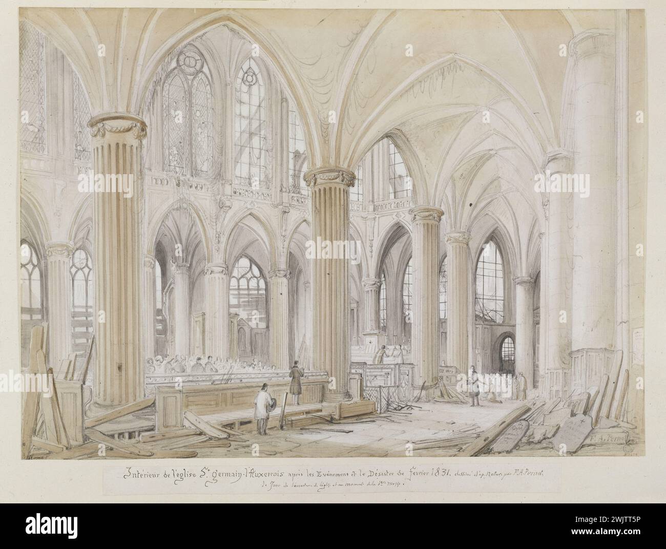 François Alexandre Pernot (1793-1865) 'Intérieur de l'église Saint-Germain-l'Auxerrois après les événements et la catastrophe de février 1831'. Dessin. Paris, musée Carnavalet. 54642-10 arrondissement Ier I 1st 1, Desaster, dessin, débris, Église Saint-Germains-auxerrois, intérieur, ogive, eau, eau Banque D'Images