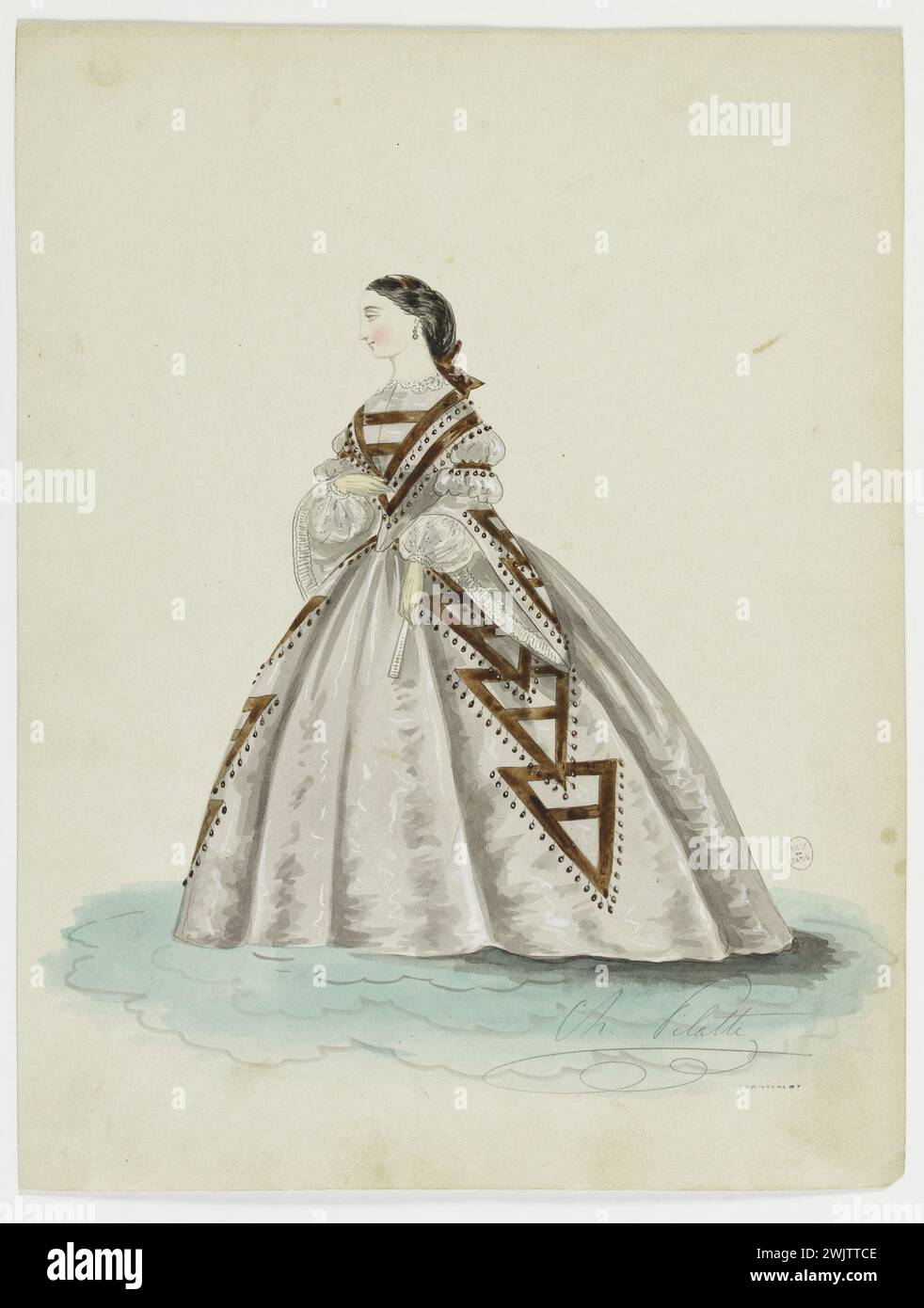 Charles Pilatte pour la maison Ghys. Modèle-figure pour couturière. Robe de ville blanche, décorée de triangles bruns sur le corsage et les côtés, manches pagodes, modèle MRS Ghys. Aquarelle sur carton. 1860. Galliera, musée de la mode de la ville de Paris. 37797-6 aquarelle sur carton, album, Couturière, jeune femme, Ghys House, Modeling, second Empire, Robe Banque D'Images