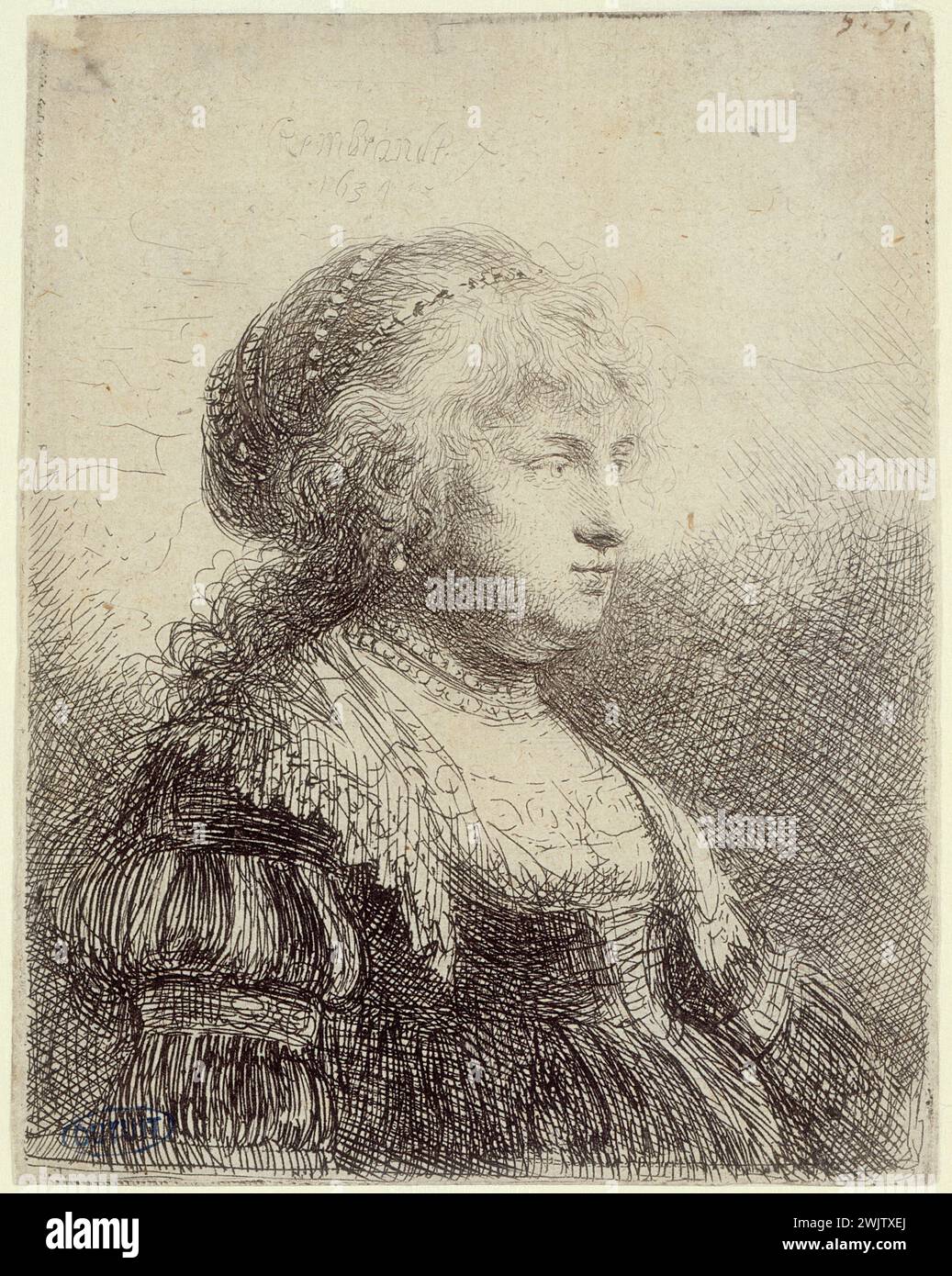 Harmensz van Rijn Rembrandt (1606-1669) 'Saskia avec des perles dans les cheveux (B 347 - unique 1er test), 1634'. Gravure. Musée des Beaux-Arts de la ville de Paris, petit Palais. 27018-20 accessoire, bijoux, plus fort, épouse, famille, femme, mode féminine, perle, portrait Banque D'Images
