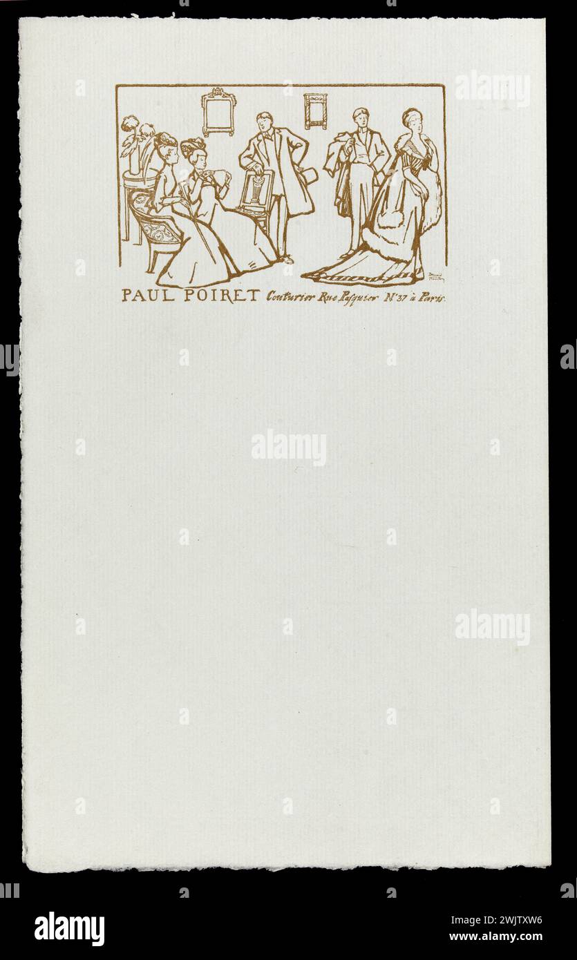 Bernard Naudin (1876-1946) (Sous le dessin) 'Paul Poiret, Couturier, rue Pasquier, n°37 à Paris'. Papier à lettres en tête de la maison Poiret, signé en bas à droite. Encument sur papier, vers 1906. Galliera, musée de la mode de la ville de Paris. 54683-15 dessin, en-tête, illustration, maison de designer française, numéro, n°37, papier à lettres, rue Pasquiet Banque D'Images