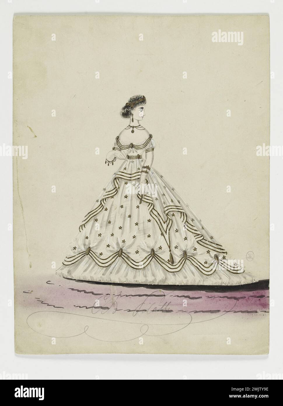Charles Pilatte pour la maison Ghys. Modèle-figure pour couturière. Robe de soirée blanche parsemée d'étoiles dorées, de rayures et d'épingles dorées, modèle MRS Ghys. Aquarelle sur carton. 1860-1870. Galliera, musée de la mode de la ville de Paris. 37836-7 Aquarelle sur carton, blanc, broche, femelle, tresse, jeune femme, house ghys, modèle-figure, modèle féminin, doré chéri, pour couturière, robe de soirée, second empire Banque D'Images