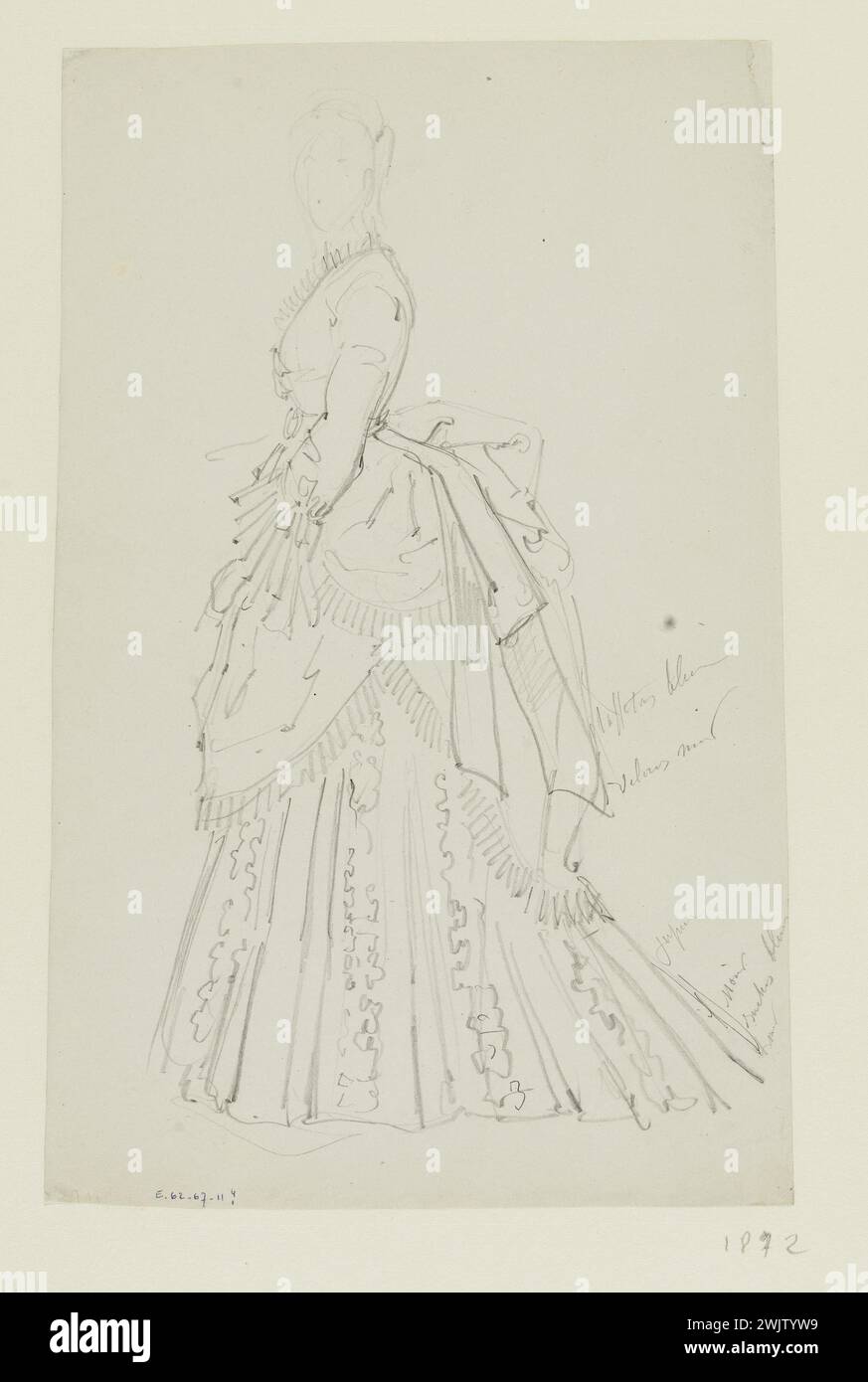 Anaïs Toudouze (1822-1899) 'Robe'. Robe de chambre en taffetas bleu et velours noir. Mine de plomb, livre blanc. 1872. Galliera, musée de la mode de la ville de Paris. 37824-19 dessin, mine de plomb, pouf, profil, deuxième empire, taffetas, velours, robe Banque D'Images