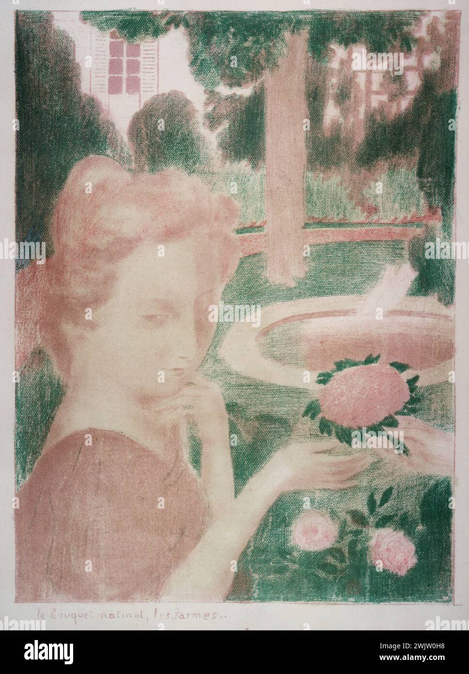 Maurice Denis (1870-1943) 'Le bouquet du matin, larmes ...'. Lithographie quadrichromie sur Velin MINCE, 1899. Musée des Beaux-Arts de la ville de Paris, petit Palais. 25525-11 Fleur, jardin, jeune femme, lithographie, portrait, rose, tournesol, verdure Banque D'Images