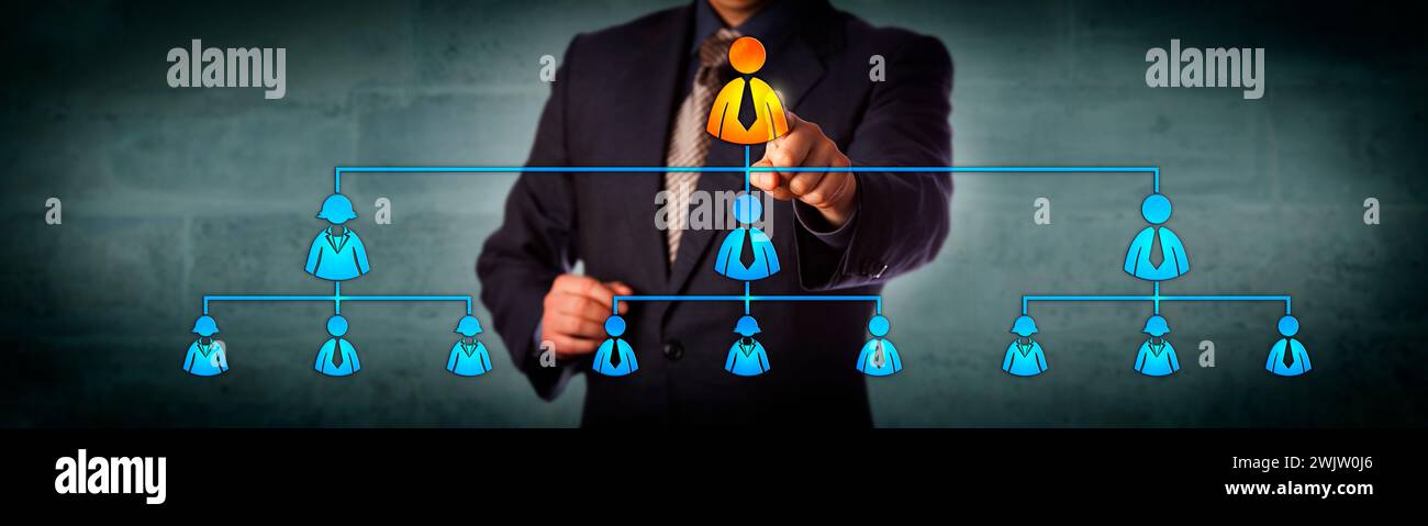 Le président de Blue chip sélectionne le cadre supérieur dans un organigramme hiérarchique. Concept d'entreprise pour le réseau de marketing multi-niveaux, recruitm Banque D'Images