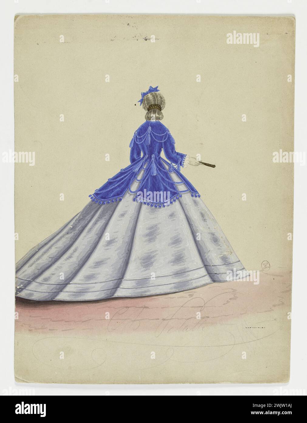 Charles Pilatte pour la maison Ghys. Modèle-figure pour couturière. Robe de ville avec dos vu, veste standard : glands, cordons et pompons, 3 basques séparés et reliés par cordons, modèle de Madame Ghys. Aquarelle sur carton. 1860-1870. Galliera, musée de la mode de la ville de Paris. 37835-11 Aquarelle sur carton, basque séparé, cordon, femelle, gland, jeune femme, ghys maison, modèle féminin, modèle féminin, pompage, pompon, pour couturière, relié par cordon, robe de ville, second empire, veste, vue arrière Banque D'Images