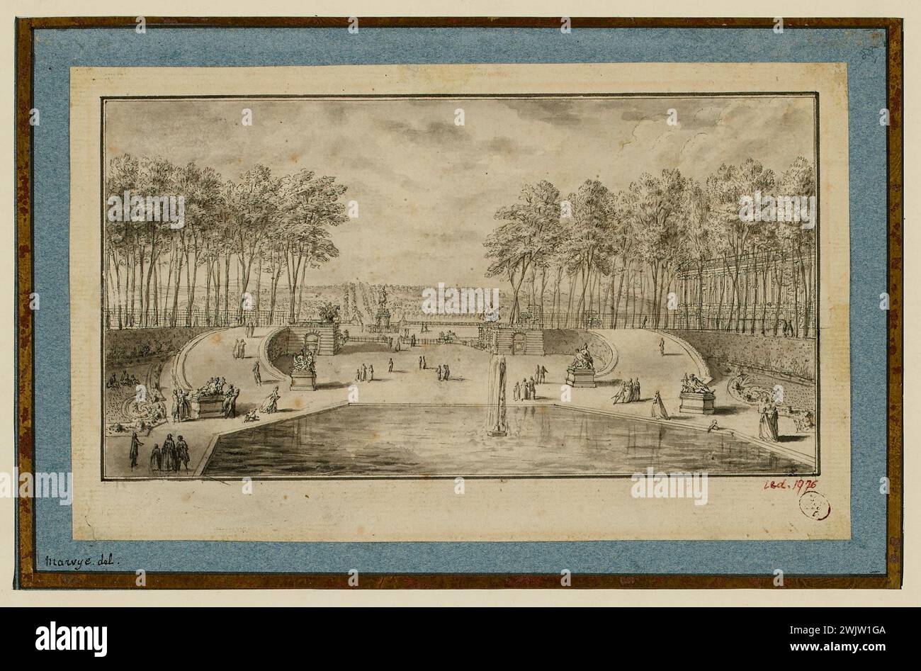 Marvie, Martin (n.1713-01-D.1813-10), bassin des Tuileries et pont tournant (titre factice). Stylo et lavage. Musée Carnavalet, histoire de Paris. Banque D'Images
