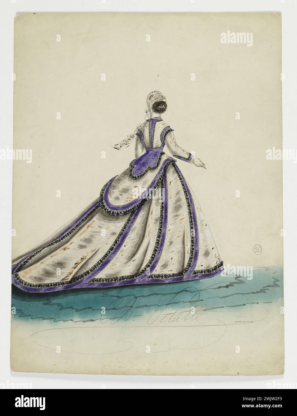 Charles Pilatte pour la maison Ghys. Modèle-figure pour couturière. Robe de ville blanche avec biais violet doublé de dentelle noire, modèle MADAME Ghys. Aquarelle sur carton. 1860-1870. Galliera, musée de la mode de la ville de Paris. 37836-11 Aquarelle sur carton, biais violet, borde de dentelle noire, femelle, jeune femme, house ghys, modèle-figure, modèle féminin, pour couturière, robe de ville, deuxième empire, vue arrière Banque D'Images