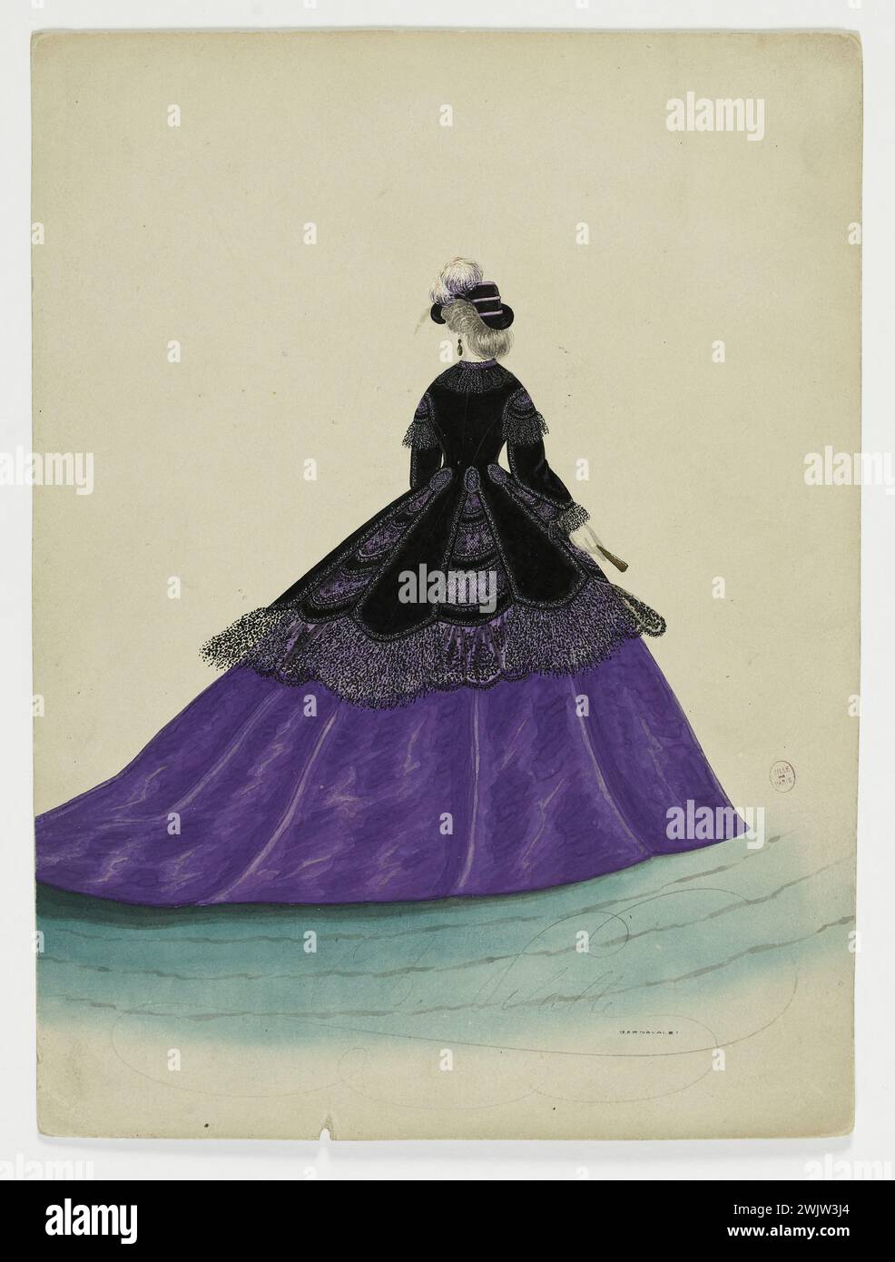 Charles Pilatte pour la maison Ghys. Modèle-figure pour couturière. Robe de ville avec veste longue avec dentelle noire et franges, modèle de Madame Ghys. Aquarelle sur carton. 1860-1870. Galliera, musée de la mode de la ville de Paris. 37835-8 Aquarelle sur carton, dentelle noire, féminin, frange, jeune femme, house ghys, modèle-figure, modèle féminin, pour couturière, robe de ville, second empire, veste longue Banque D'Images