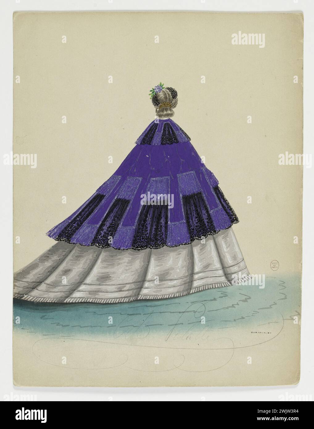 Charles Pilatte pour la maison Ghys. Modèle-figure pour couturière. Manteau violet orné de dentelle noire, modèle de Madame Ghys. Aquarelle sur carton. 1860-1870. Galliera, musée de la mode de la ville de Paris. 37835-10 Aquarelle sur carton, féminin, jeune femme, House ghys, manteau, feature model, modèle féminin, ornae de dentelle noire, pour couturière, second empire, violet, vue arrière Banque D'Images