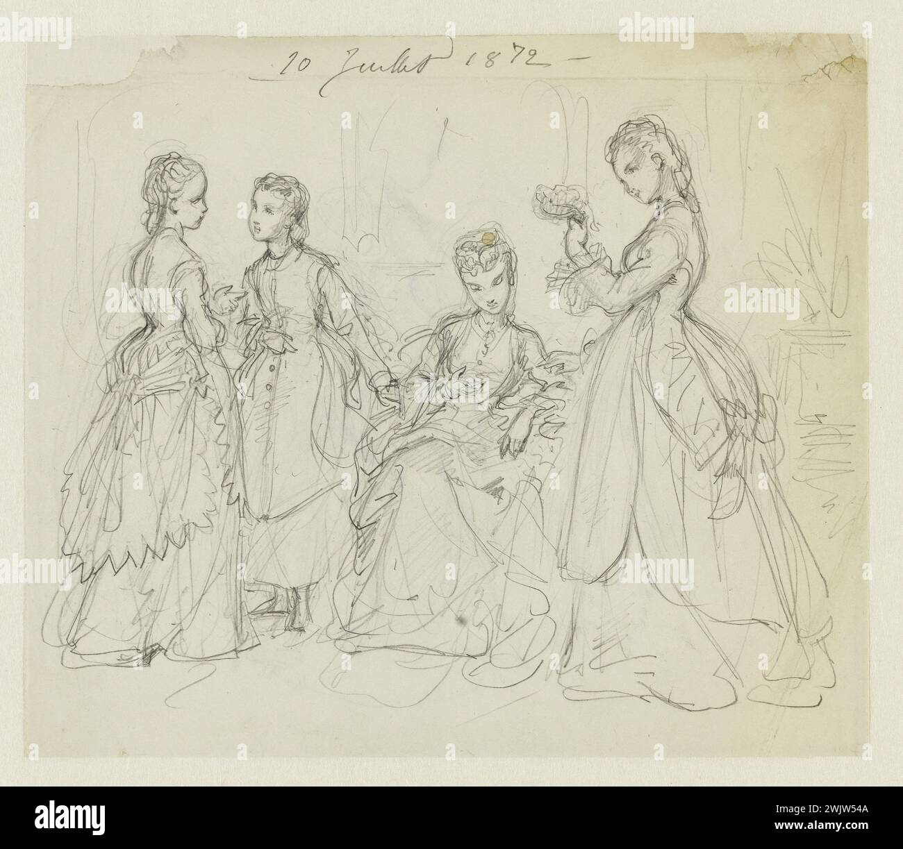 Anaïs Toudouze (1822-1899) 'Groupe de femmes'. Femme à gauche, vêtue d'une robe groupée, garnie d'une écharpe nouée dans le dos. Mine de plomb, livre blanc. 20 juillet 1872. Galliera, musée de la mode de la ville de Paris. 37824-16 dessin, Eschape Nouee, Groupe de femmes, mine de plomb, Pan Festonne, second Empire, Robe Banque D'Images